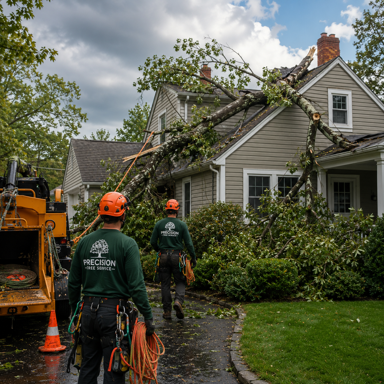 24/7 emergency storm damage tree removal from a house roof