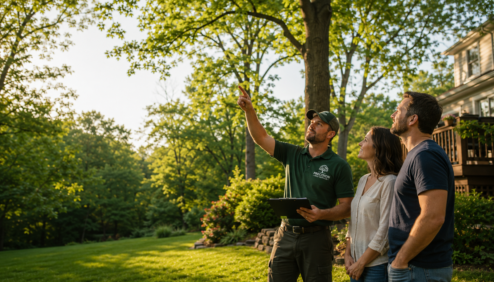 Free tree service estimate — estimator reviewing a quote with homeowners