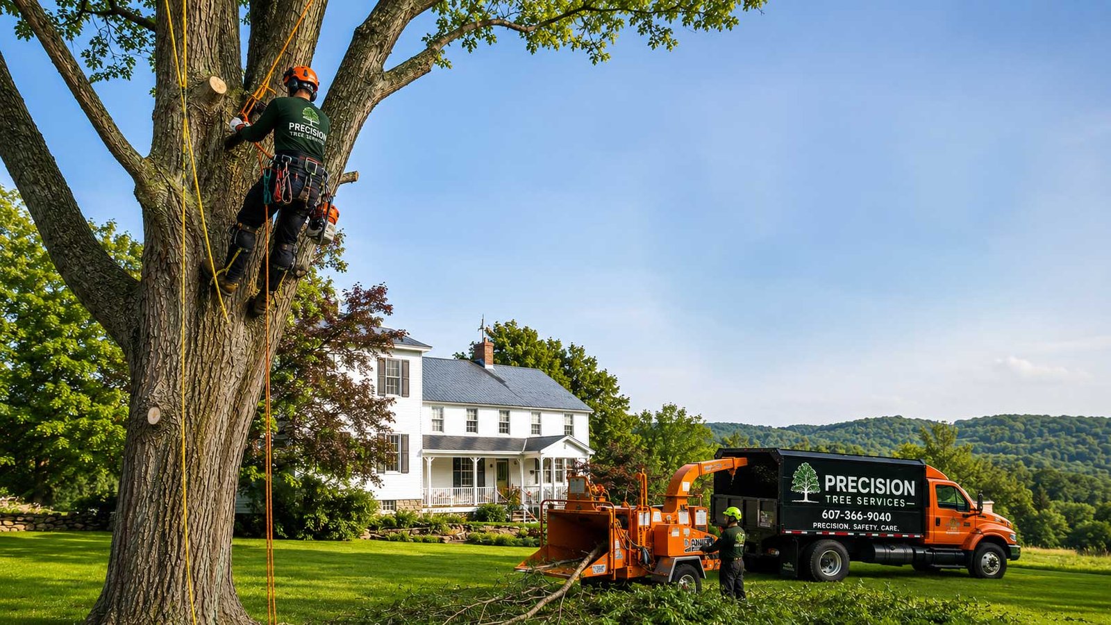 Precision Tree Services crew removing a large tree at a home in Lisle, NY
