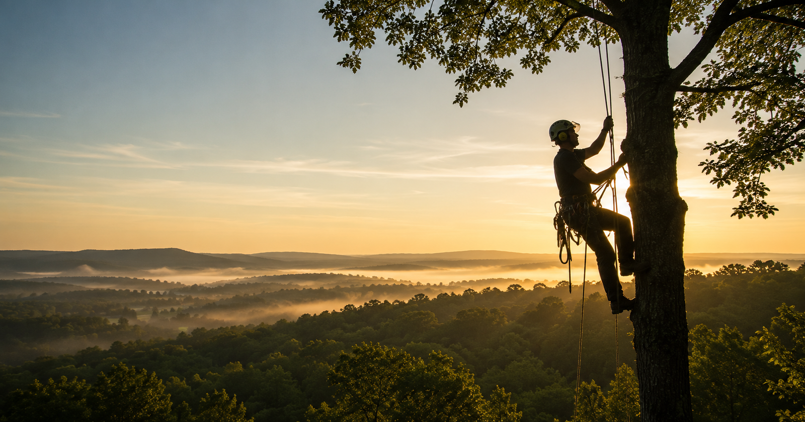 Arborist climbing a tree at sunrise near Lisle, New York