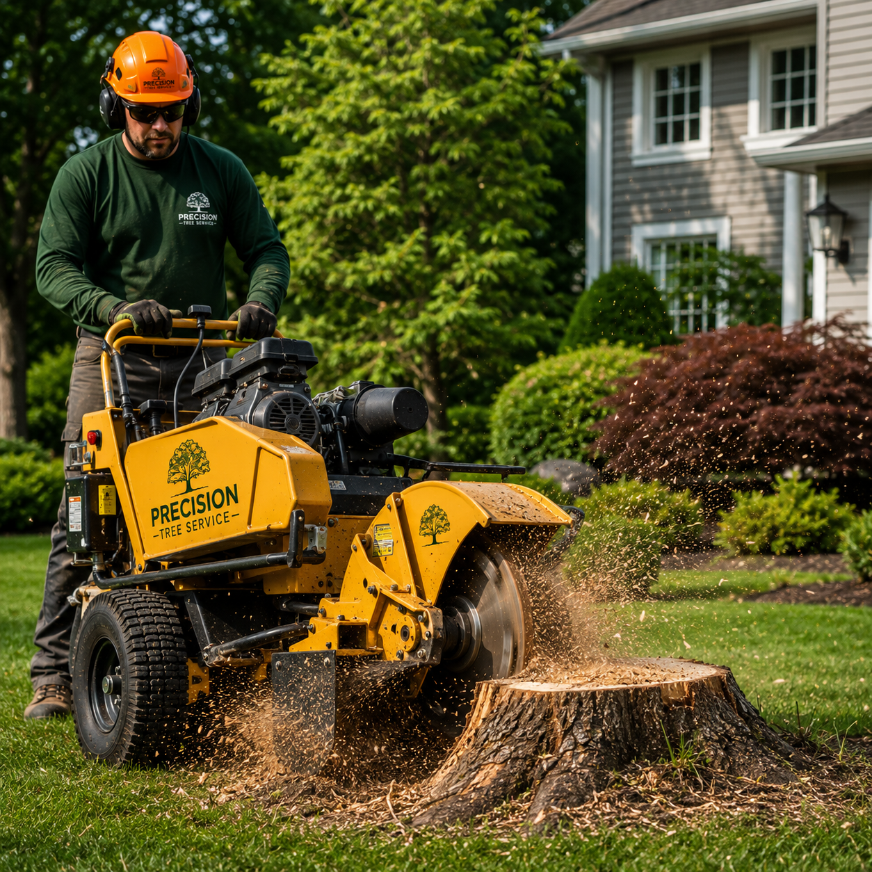 Stump grinding service removing a tree stump in a Lisle NY yard