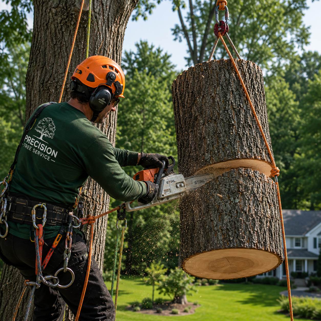 Tree removal in Lisle NY — arborist chainsaw-cutting a rigged trunk section