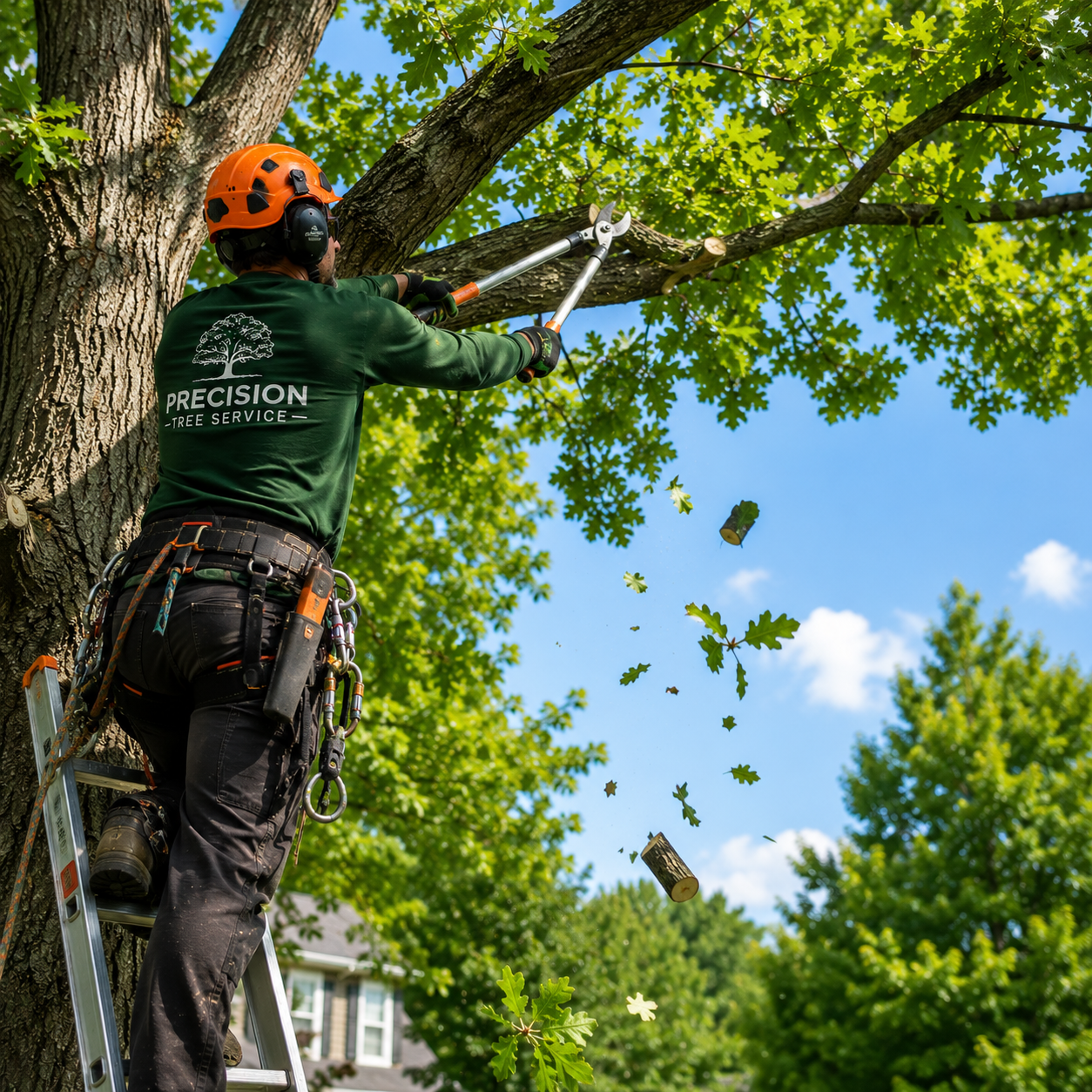 Tree trimming and pruning service — arborist cutting oak branches